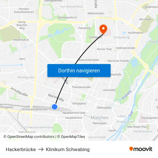 Hackerbrücke to Klinikum Schwabing map