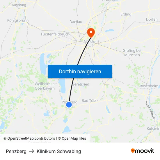 Penzberg to Klinikum Schwabing map