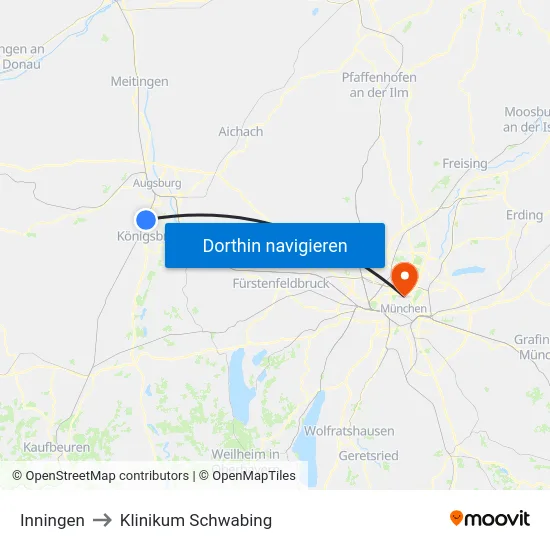 Inningen to Klinikum Schwabing map