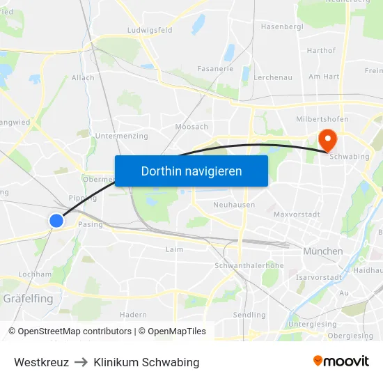 Westkreuz to Klinikum Schwabing map