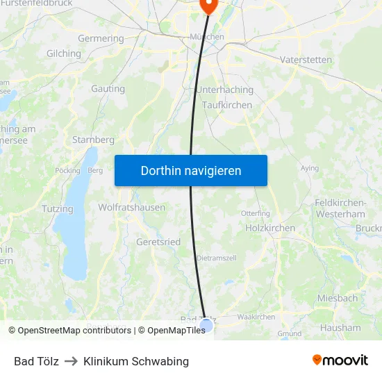 Bad Tölz to Klinikum Schwabing map