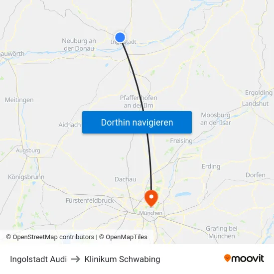 Ingolstadt Audi to Klinikum Schwabing map