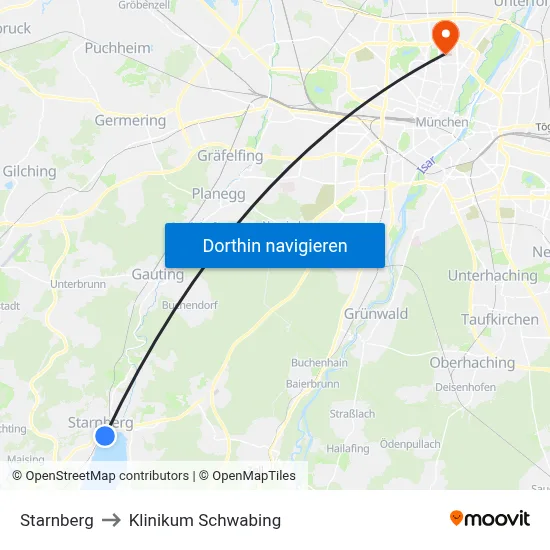 Starnberg to Klinikum Schwabing map