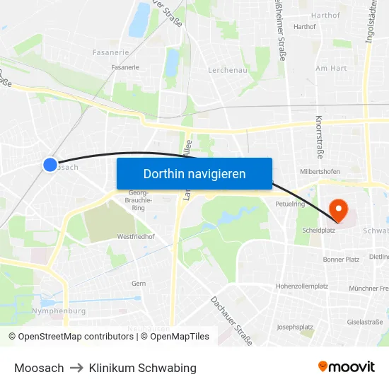 Moosach to Klinikum Schwabing map