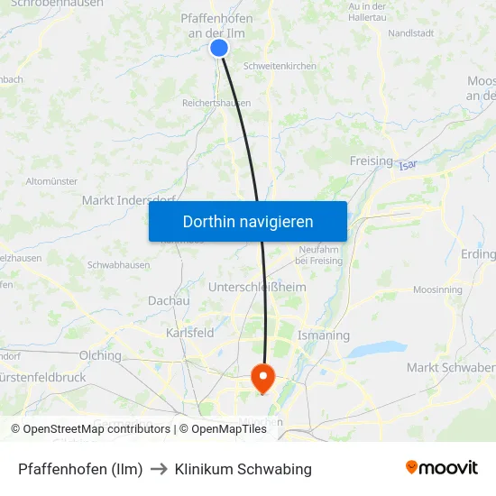 Pfaffenhofen (Ilm) to Klinikum Schwabing map