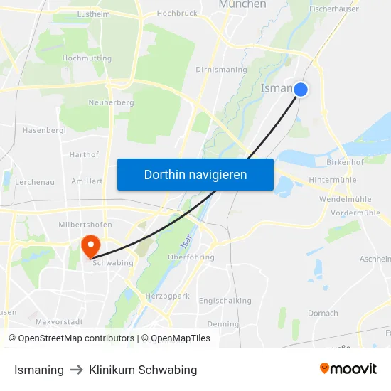Ismaning to Klinikum Schwabing map