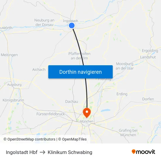 Ingolstadt Hbf to Klinikum Schwabing map