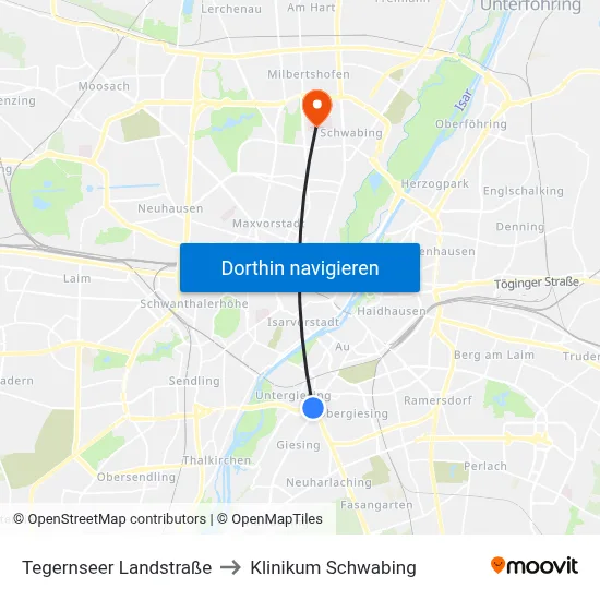 Tegernseer Landstraße to Klinikum Schwabing map