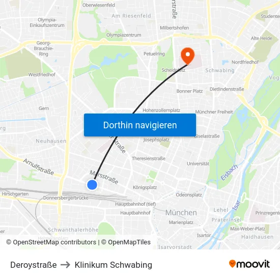 Deroystraße to Klinikum Schwabing map