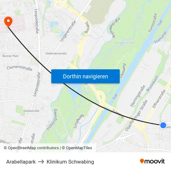 Arabellapark to Klinikum Schwabing map