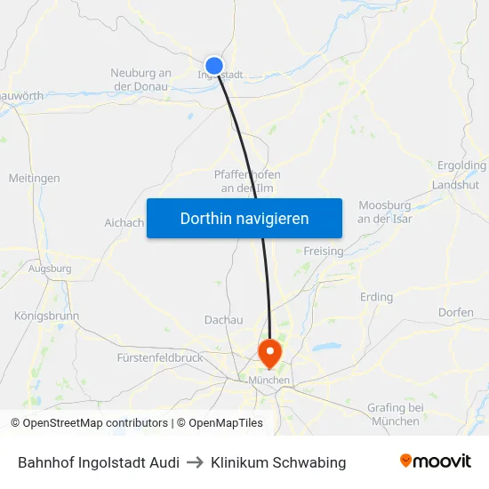Bahnhof Ingolstadt Audi to Klinikum Schwabing map