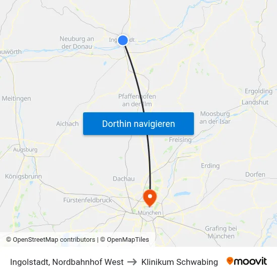 Ingolstadt, Nordbahnhof West to Klinikum Schwabing map