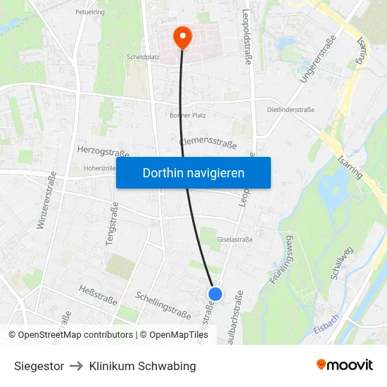 Siegestor to Klinikum Schwabing map
