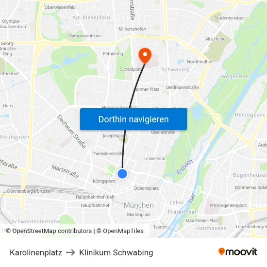Karolinenplatz to Klinikum Schwabing map