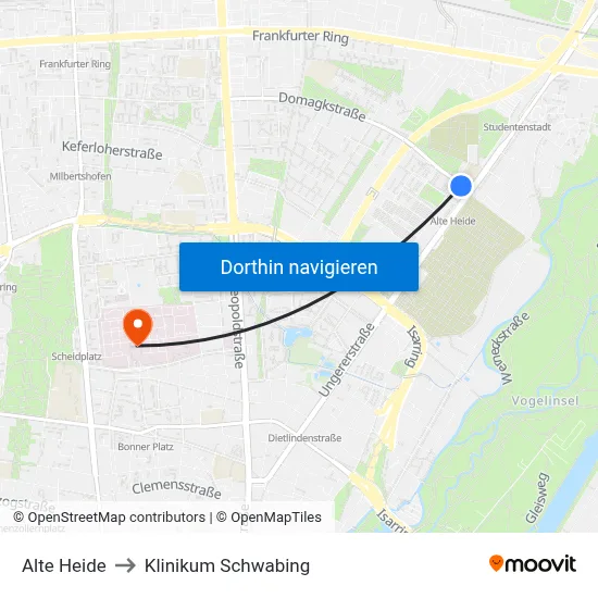 Alte Heide to Klinikum Schwabing map