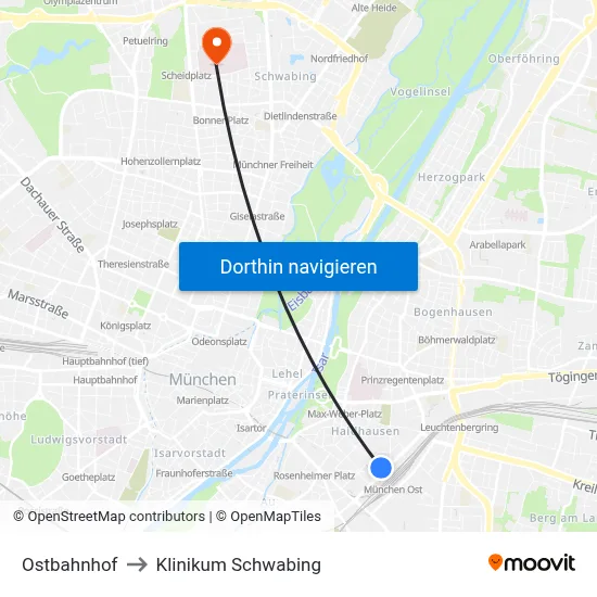 Ostbahnhof to Klinikum Schwabing map