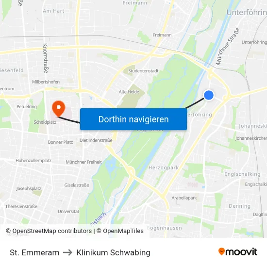 St. Emmeram to Klinikum Schwabing map