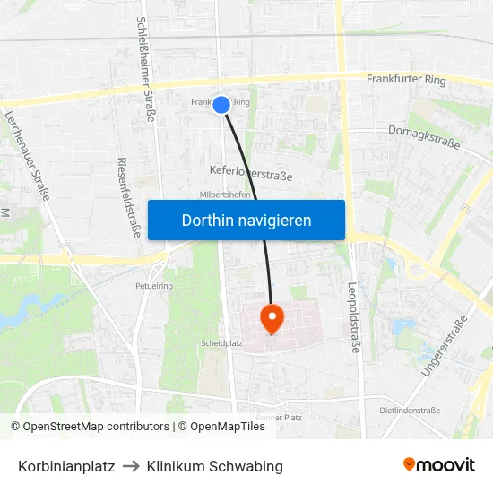 Korbinianplatz to Klinikum Schwabing map