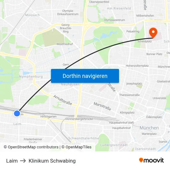 Laim to Klinikum Schwabing map