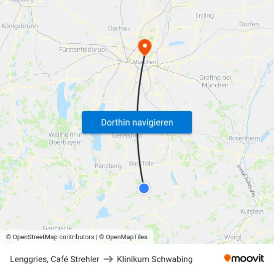 Lenggries, Café Strehler to Klinikum Schwabing map