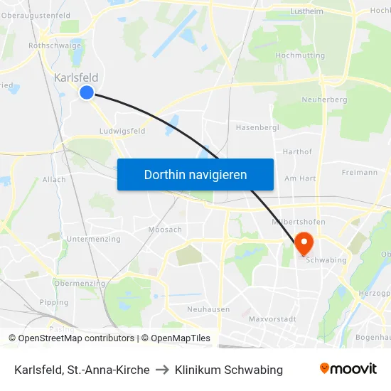 Karlsfeld, St.-Anna-Kirche to Klinikum Schwabing map