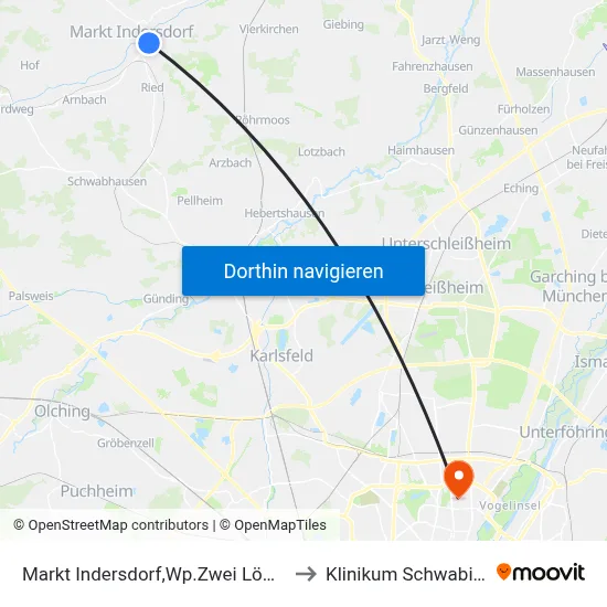 Markt Indersdorf,Wp.Zwei Löwen to Klinikum Schwabing map