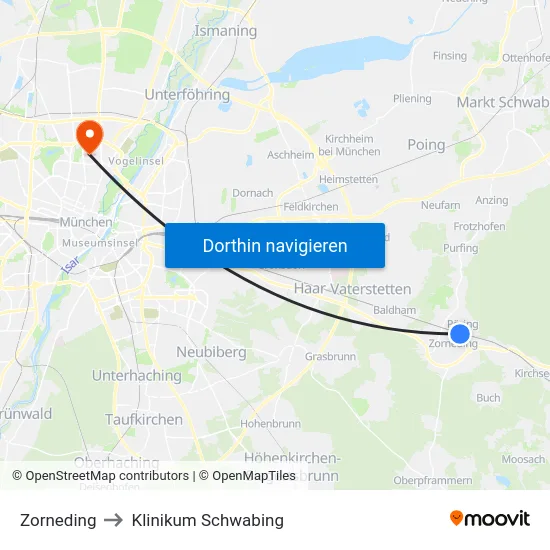 Zorneding to Klinikum Schwabing map