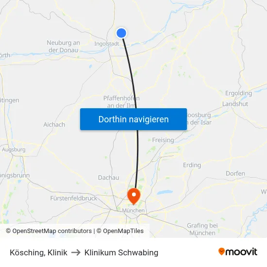 Kösching, Klinik to Klinikum Schwabing map