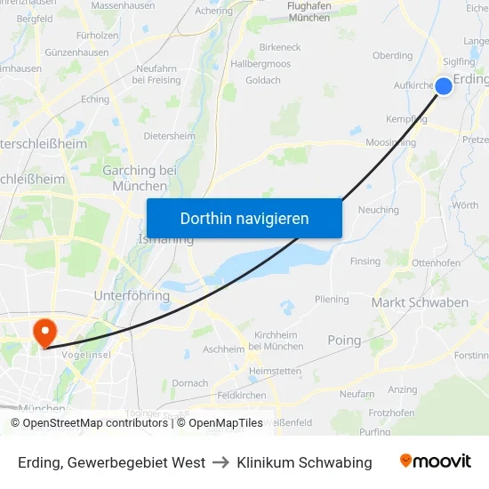 Erding, Gewerbegebiet West to Klinikum Schwabing map