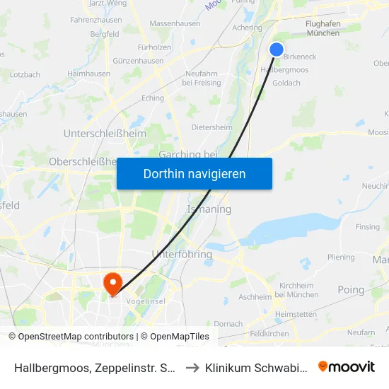 Hallbergmoos, Zeppelinstr. Süd to Klinikum Schwabing map
