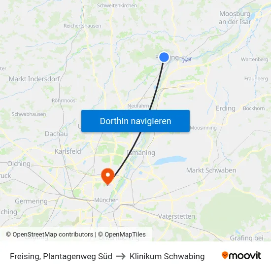 Freising, Plantagenweg Süd to Klinikum Schwabing map