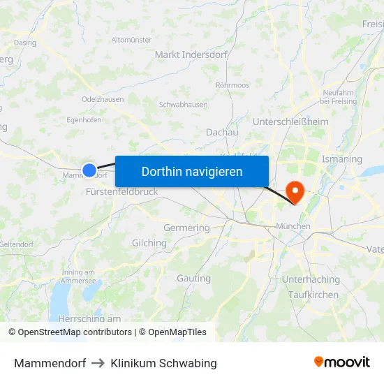 Mammendorf to Klinikum Schwabing map