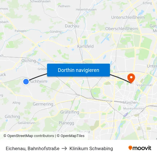 Eichenau, Bahnhofstraße to Klinikum Schwabing map