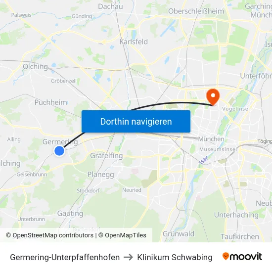 Germering-Unterpfaffenhofen to Klinikum Schwabing map
