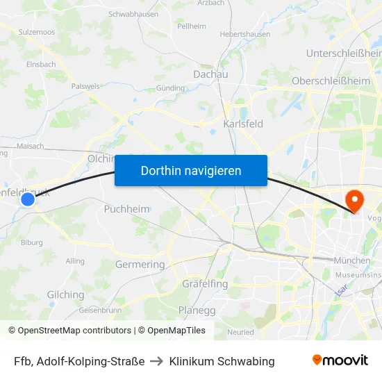 Ffb, Adolf-Kolping-Straße to Klinikum Schwabing map