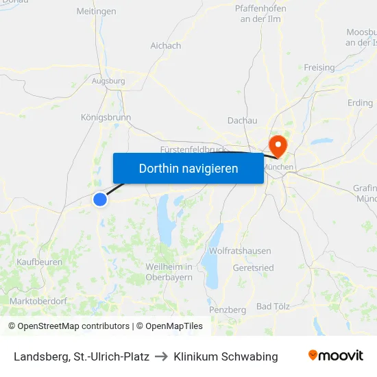 Landsberg, St.-Ulrich-Platz to Klinikum Schwabing map