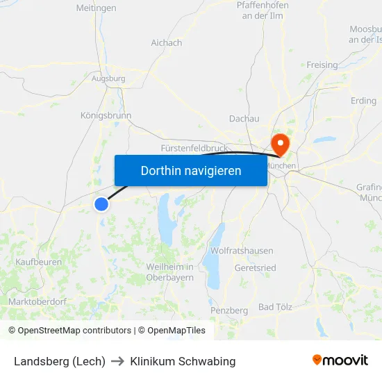 Landsberg (Lech) to Klinikum Schwabing map