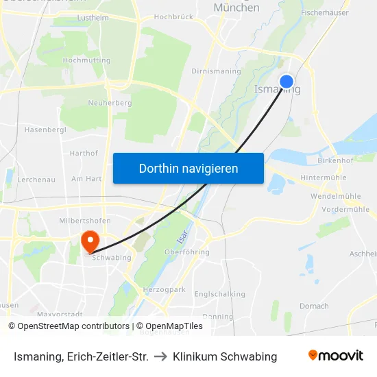 Ismaning, Erich-Zeitler-Str. to Klinikum Schwabing map