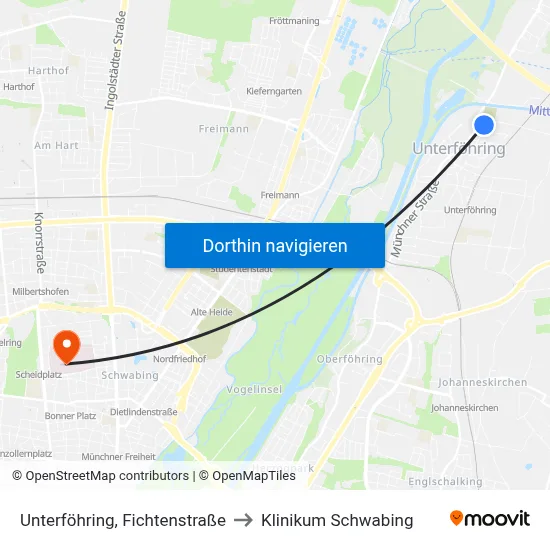 Unterföhring, Fichtenstraße to Klinikum Schwabing map