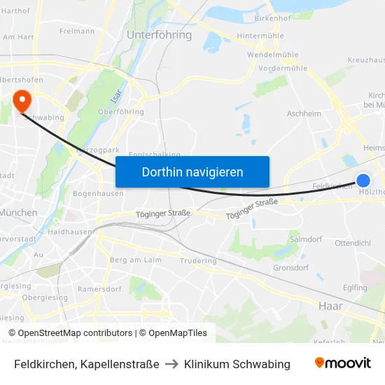 Feldkirchen, Kapellenstraße to Klinikum Schwabing map