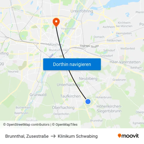 Brunnthal, Zusestraße to Klinikum Schwabing map