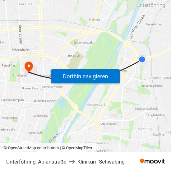Unterföhring, Apianstraße to Klinikum Schwabing map