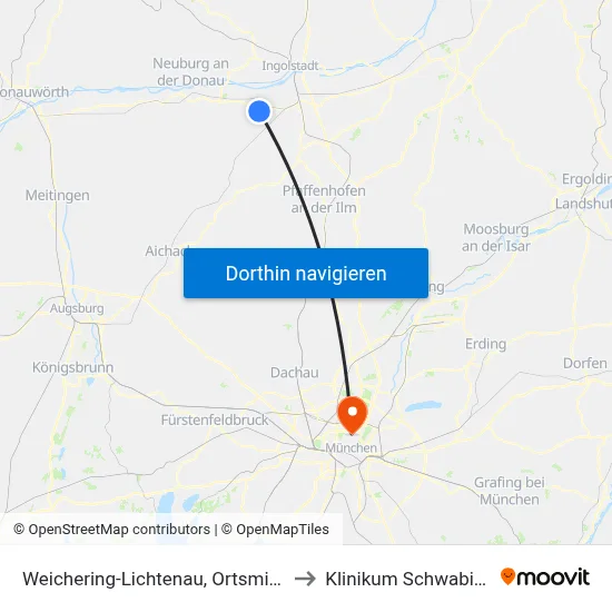 Weichering-Lichtenau, Ortsmitte to Klinikum Schwabing map