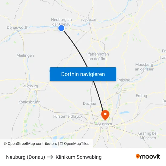 Neuburg (Donau) to Klinikum Schwabing map