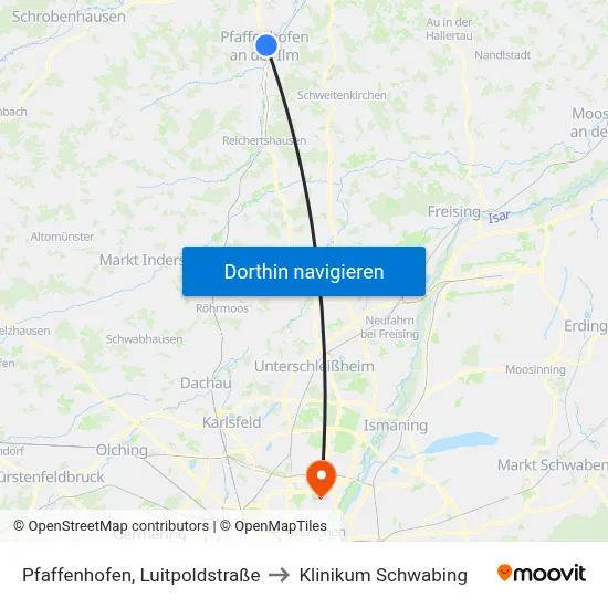 Pfaffenhofen, Luitpoldstraße to Klinikum Schwabing map