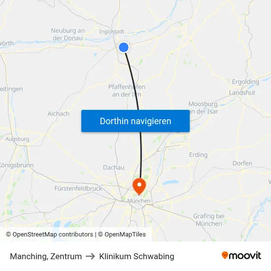 Manching, Zentrum to Klinikum Schwabing map