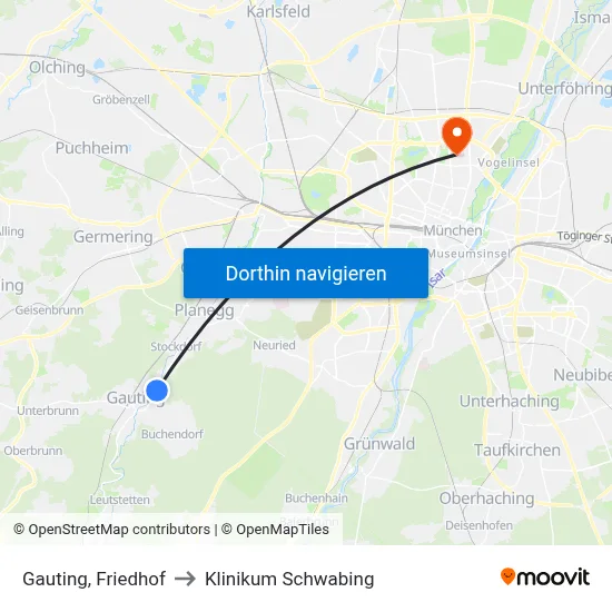 Gauting, Friedhof to Klinikum Schwabing map