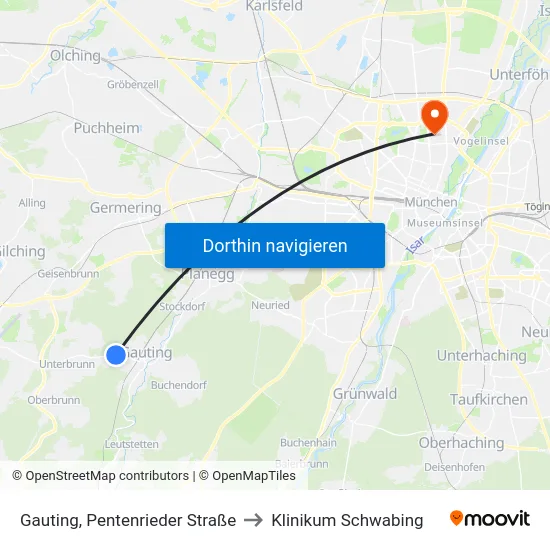 Gauting, Pentenrieder Straße to Klinikum Schwabing map