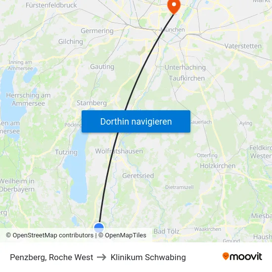Penzberg, Roche West to Klinikum Schwabing map