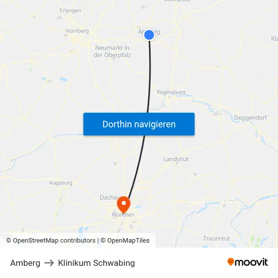 Amberg to Klinikum Schwabing map